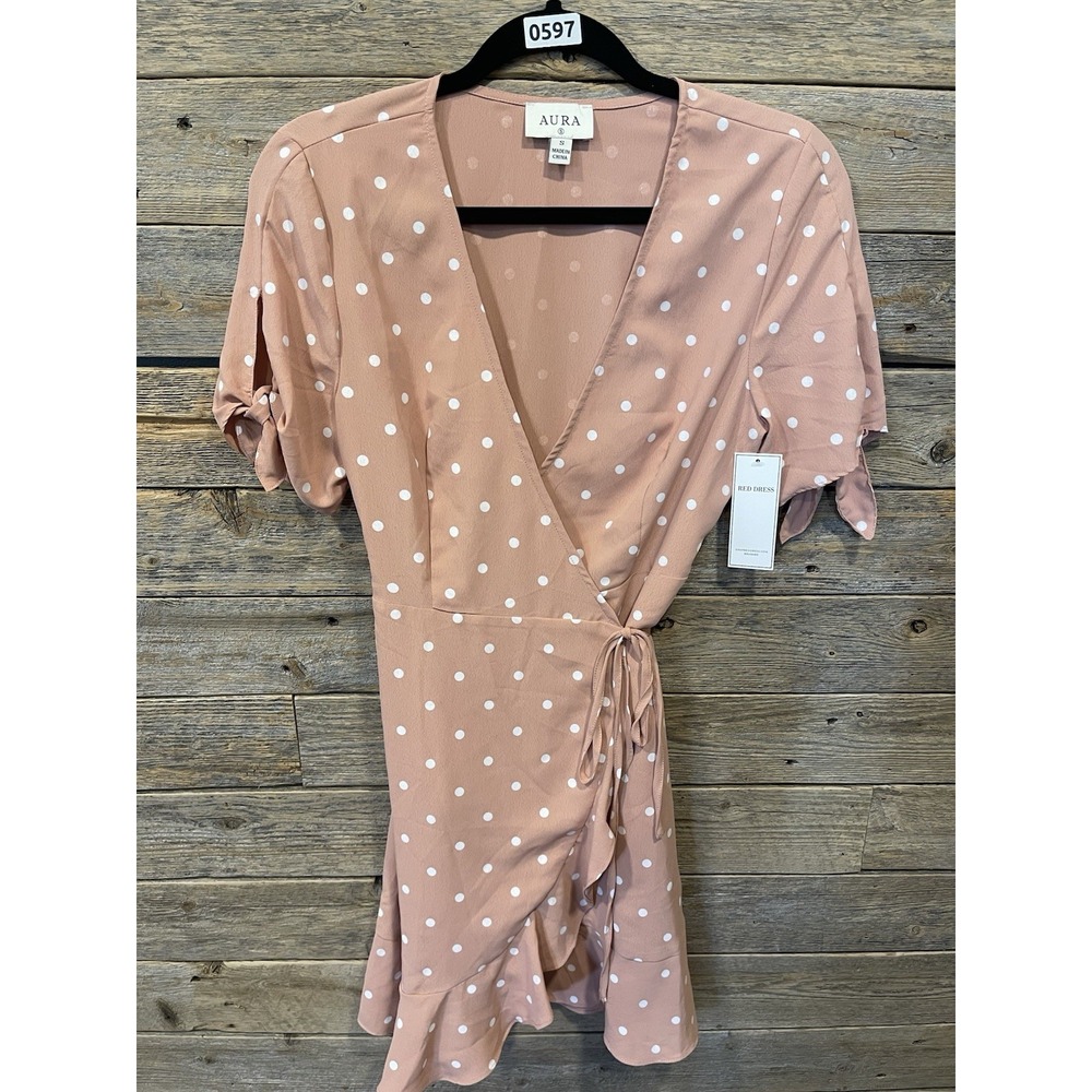 Aura Wrap Dress Women's Size Small Pink POLKA DOT‎ Tie Waist Short Tie Sleeve